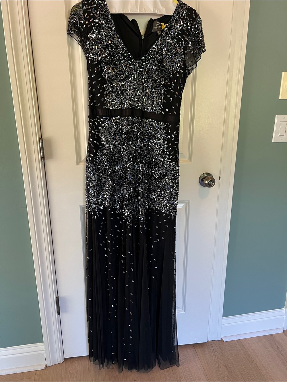 Adrianna Papell Black Evening Dress with Iridescent Sequins
